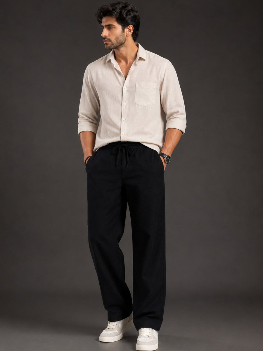 Linen Relaxed-Fit Regular Trousers for Men - INGP_306Black_30