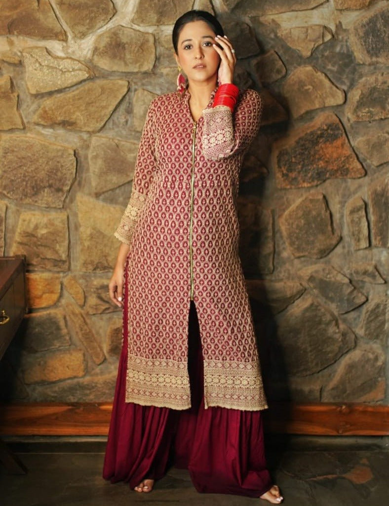 Maroon Embroidered Women Kurta with Sharara - JOKPS_1448_Maroon_S
