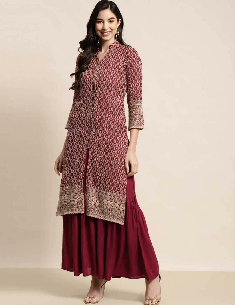 Maroon Embroidered Women Kurta with Sharara - JOKPS_1448_Maroon_S