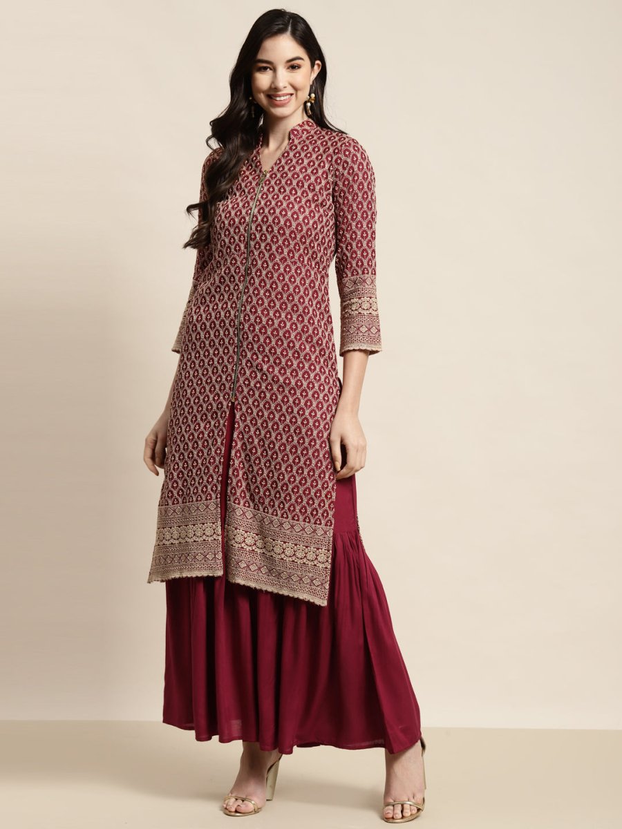 Maroon Embroidered Women Kurta with Sharara - JOKPS_1448_Maroon_S