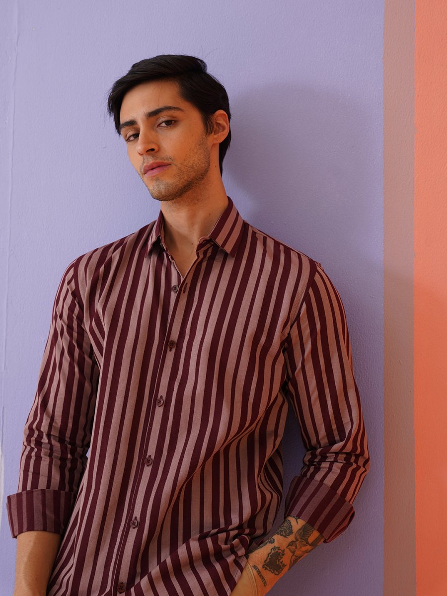 Maroon Striped Cotton Shirt for Men - SF_946Maroon_S