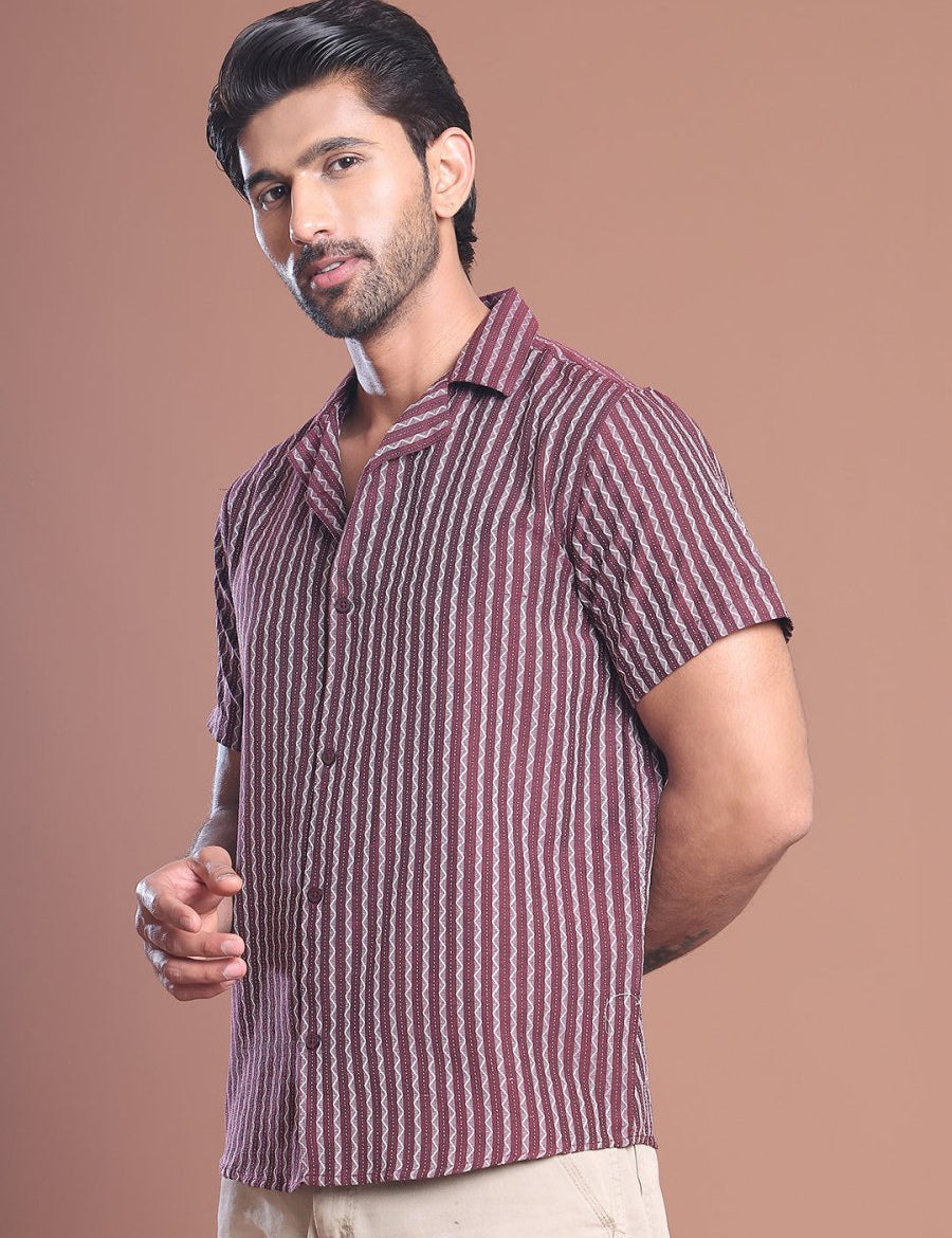 Maroon Striped Half Sleeve Shirt for Men - SF_9037Maroon_S