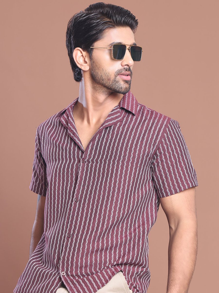 Maroon Striped Half Sleeve Shirt for Men - SF_9037Maroon_S