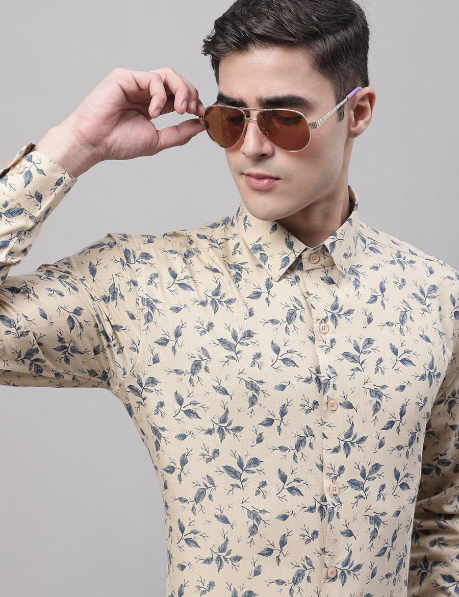 Men Beige Regular Fit Printed Pure Cotton Formal Shirt - SF_874Beige_S