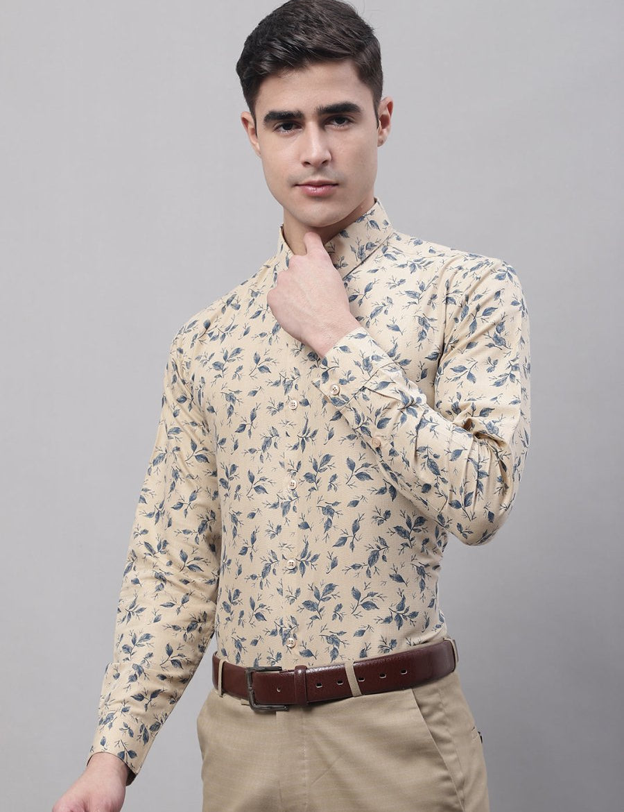 Men Beige Regular Fit Printed Pure Cotton Formal Shirt - SF_874Beige_S