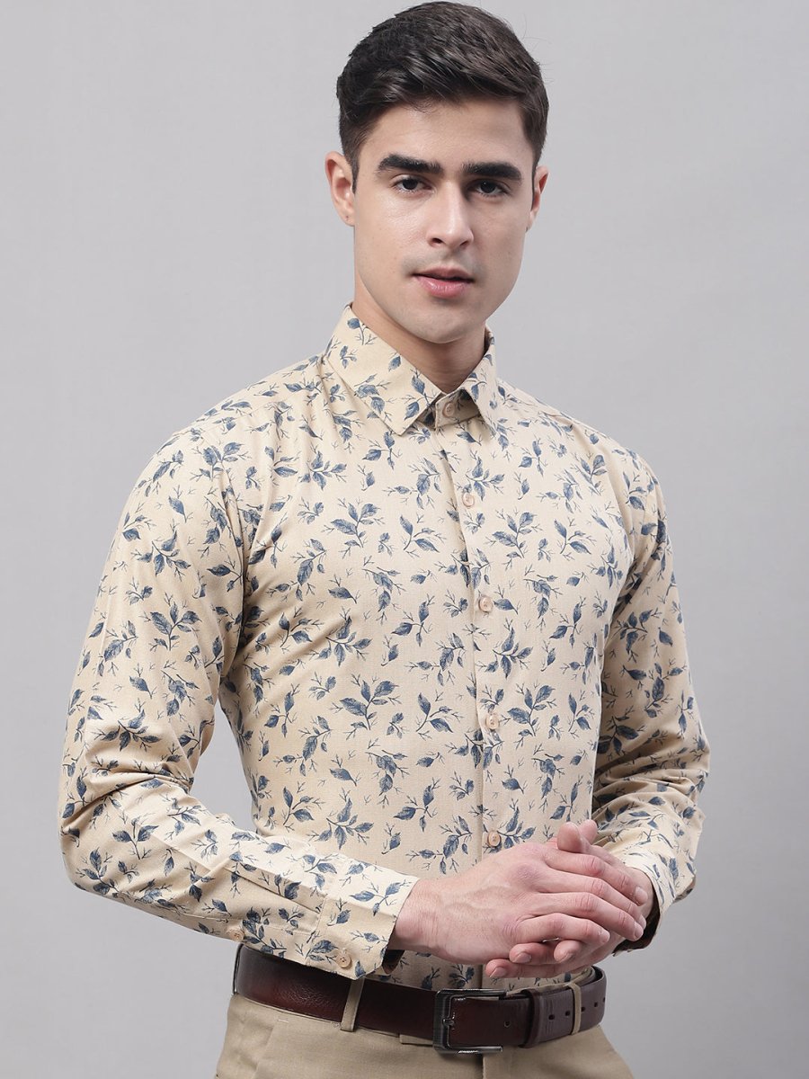 Men Beige Regular Fit Printed Pure Cotton Formal Shirt - SF_874Beige_S