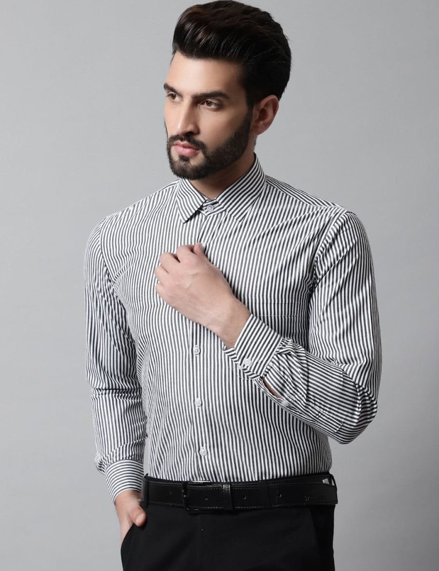 Men Black & White Regular Fit Striped Formal Shirt - SF_865Black_S