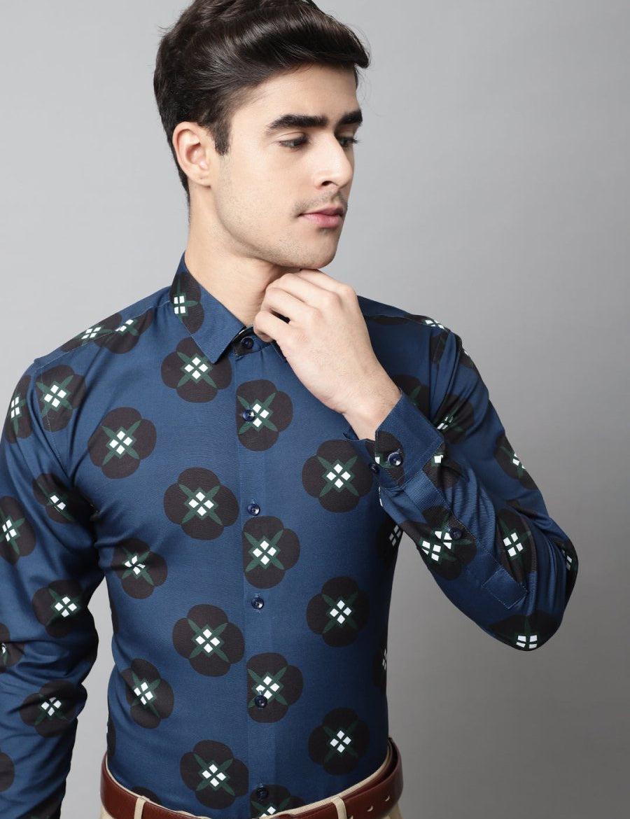 Men Blue Classic Printed Formal Shirt - SF_860Peacock_S