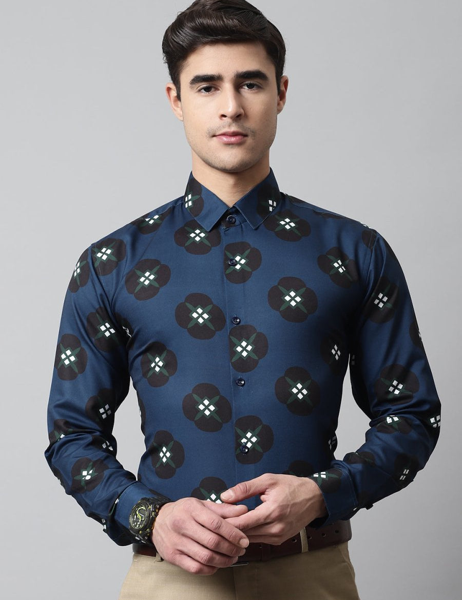 Men Blue Classic Printed Formal Shirt - SF_860Peacock_S