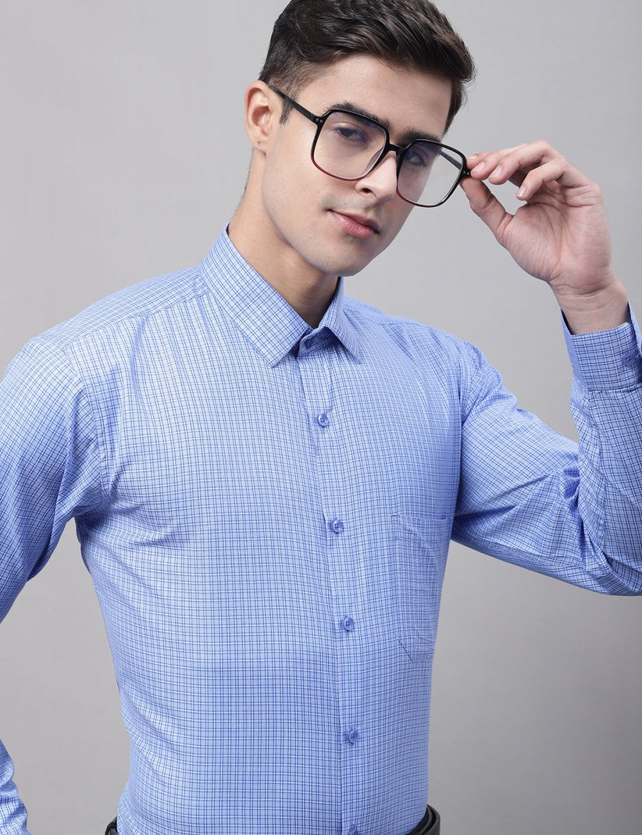 Men Blue Micro Checked Formal Shirt - SF_870Blue_S