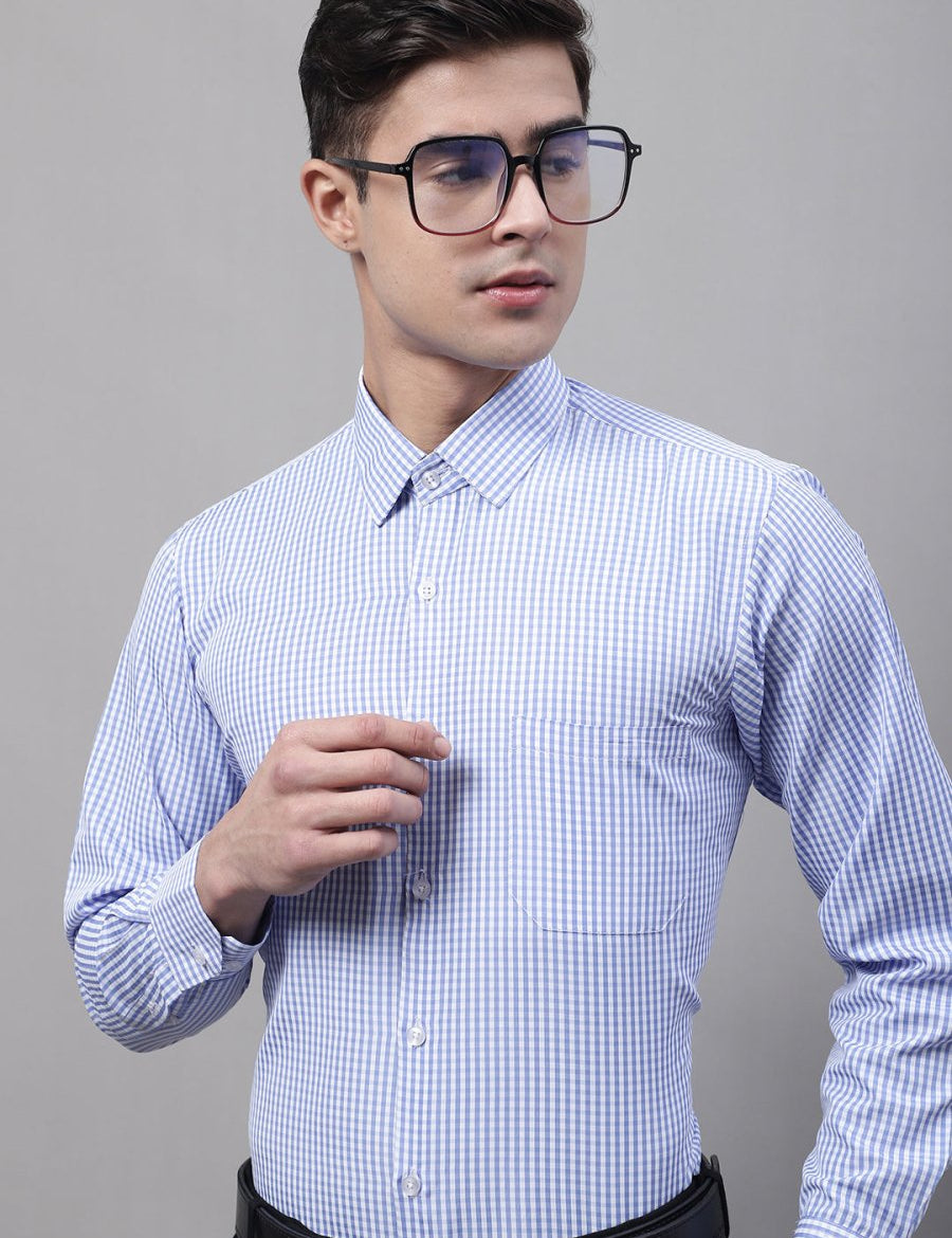 Men Blue Micro Checked Formal Shirt - SF_866Blue_S
