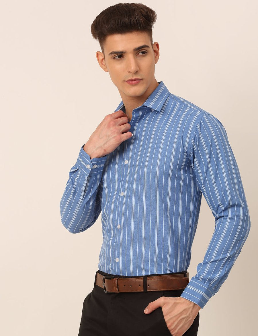 Men Blue & White Classic Striped Formal Shirt - SF_825Blue_S