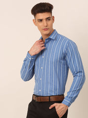 Men Blue & White Classic Striped Formal Shirt - SF_825Blue_S