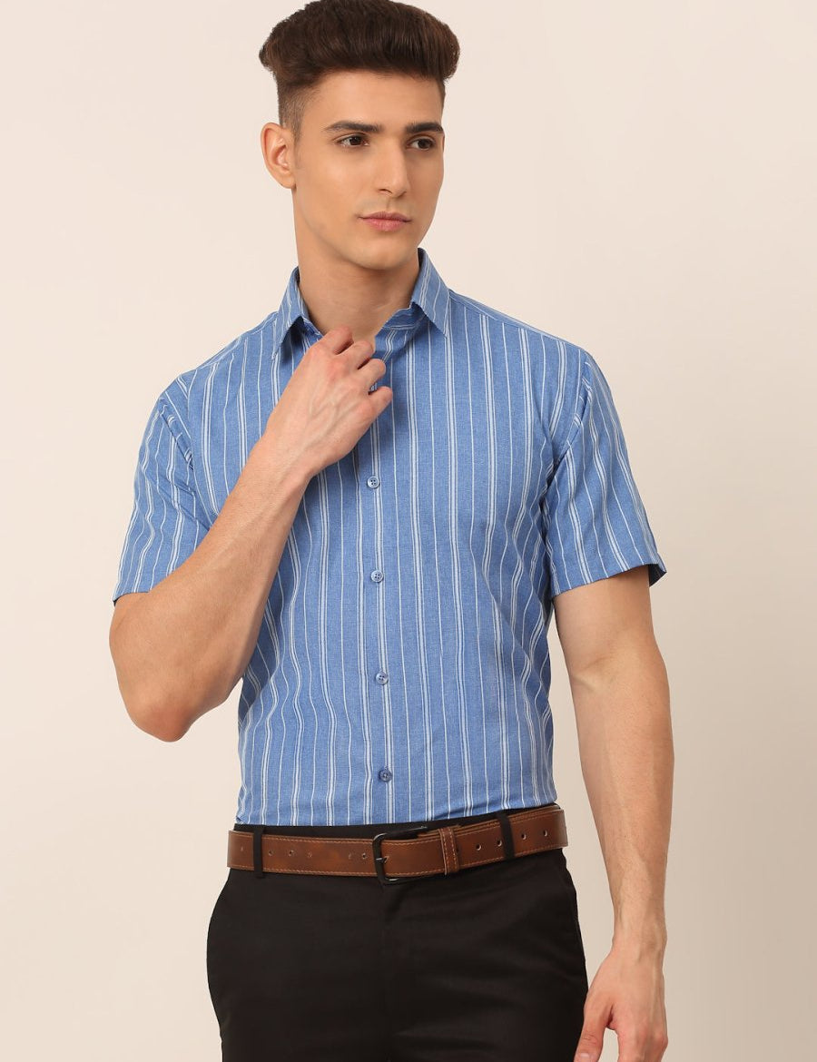 Men Blue & White Classic Striped Formal Shirt - SF_822Blue_S
