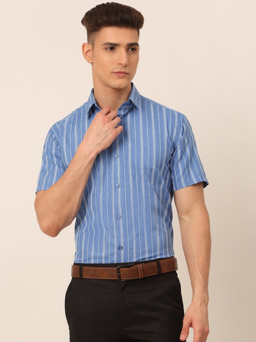 Men Blue & White Classic Striped Formal Shirt - SF_822Blue_S