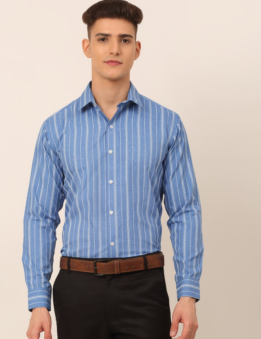 Men Blue & White Classic Striped Formal Shirt - SF_825Blue_S