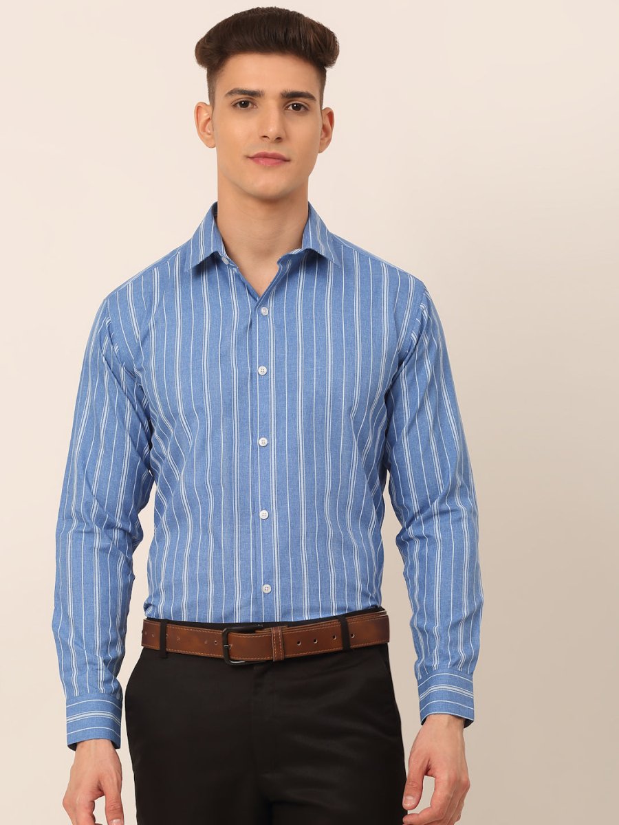 Men Blue & White Classic Striped Formal Shirt - SF_825Blue_S