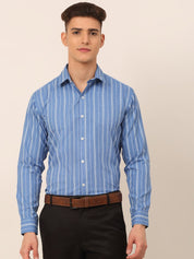Men Blue & White Classic Striped Formal Shirt - SF_825Blue_S