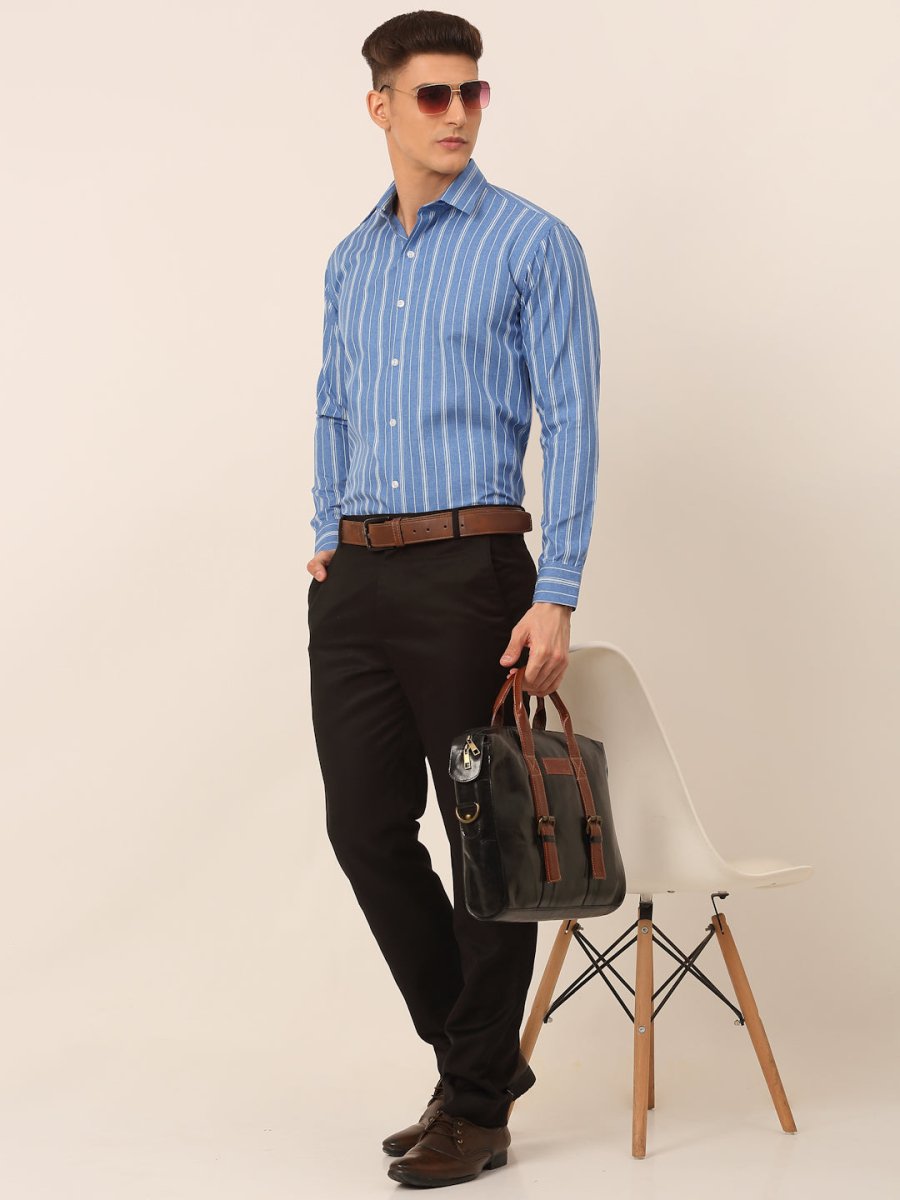 Men Blue & White Classic Striped Formal Shirt - SF_825Blue_S