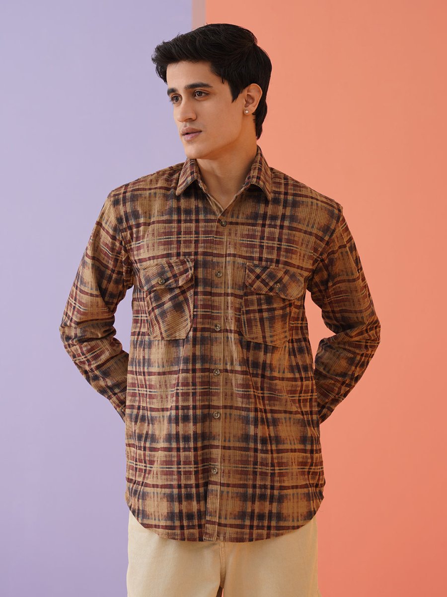 Men Checked Corduroy Cotton Shirt - SF_9013Brown_S