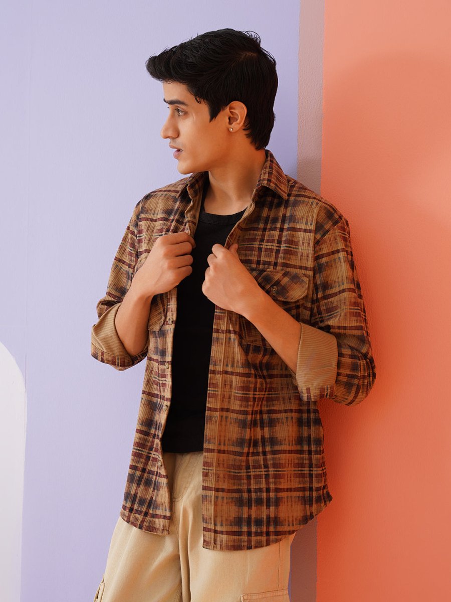 Men Checked Corduroy Cotton Shirt - SF_9013Brown_S