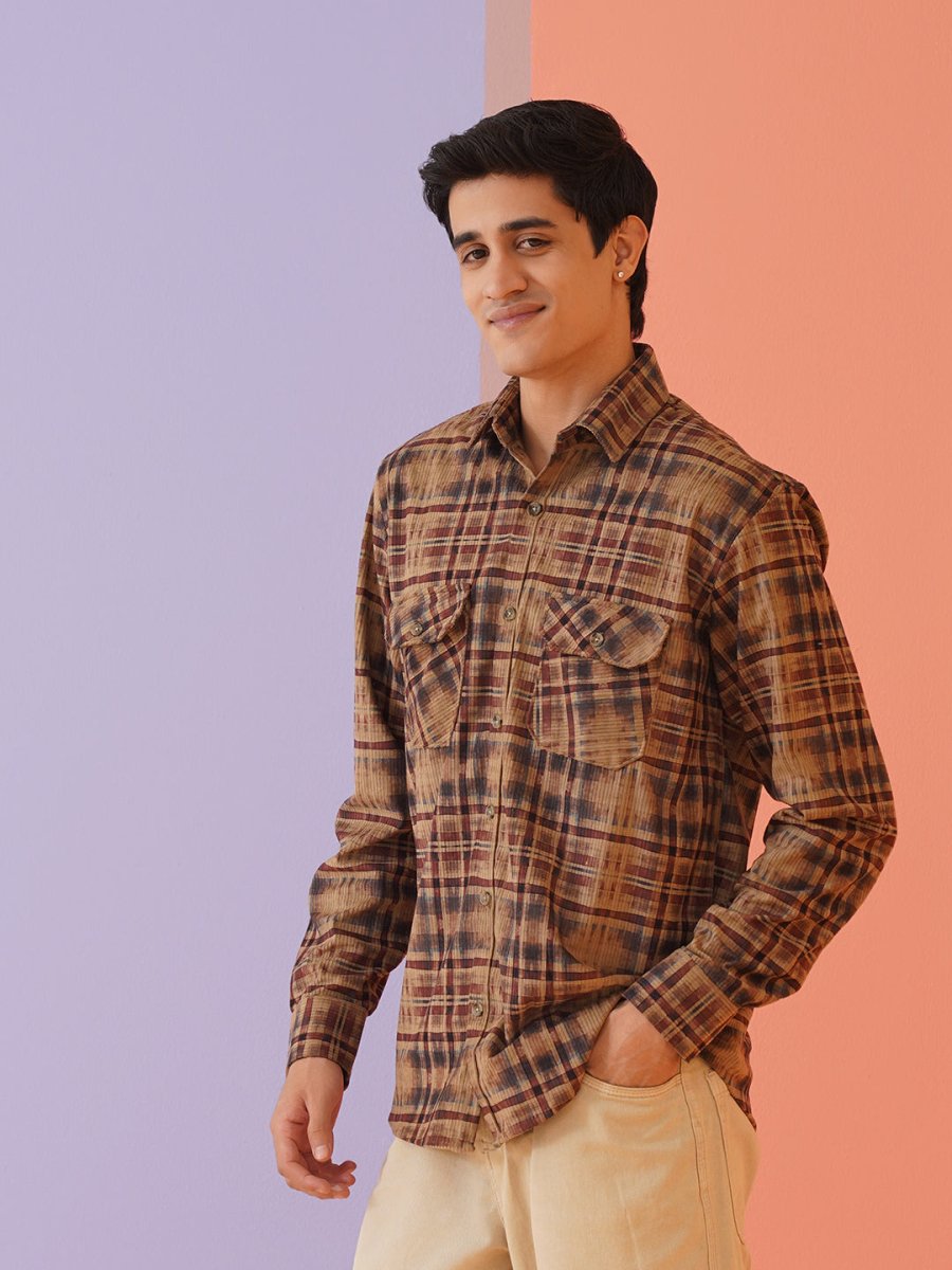Men Checked Corduroy Cotton Shirt - SF_9013Brown_S