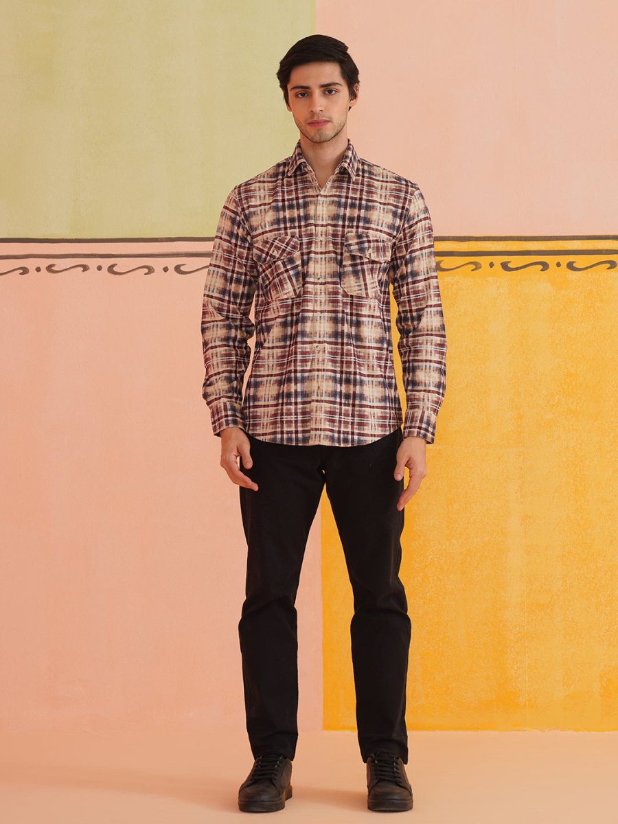Men Checked Corduroy Cotton Shirt - SF_9013Beige_S