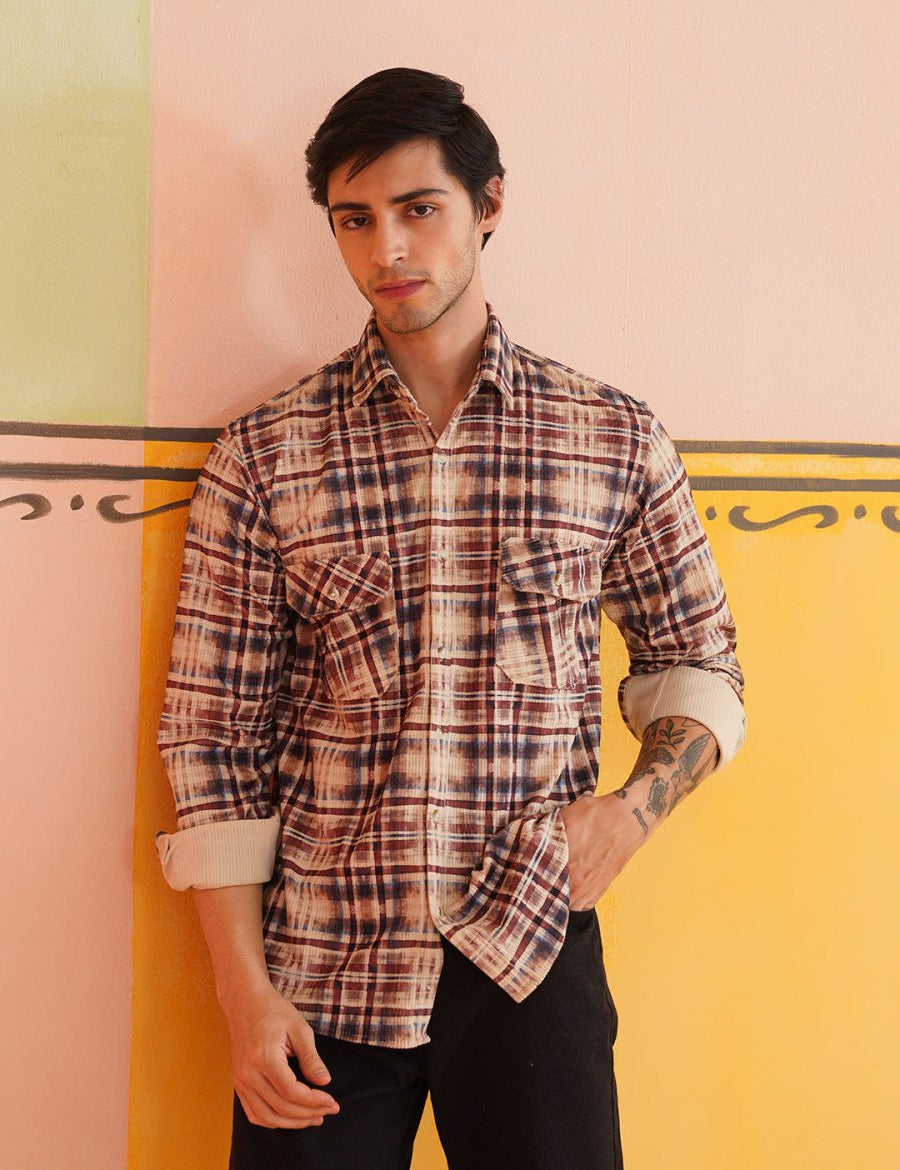 Men Checked Corduroy Cotton Shirt - SF_9013Beige_S