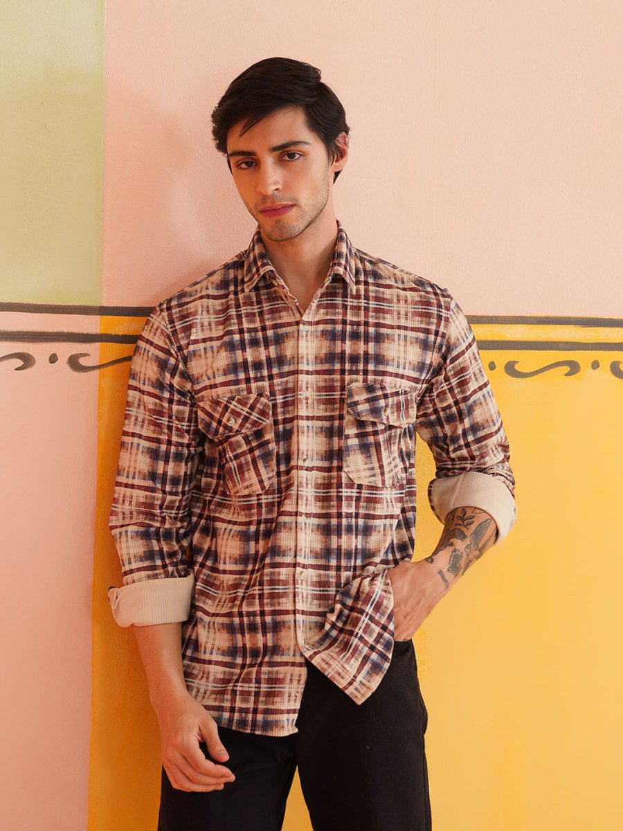 Men Checked Corduroy Cotton Shirt - SF_9013Beige_S