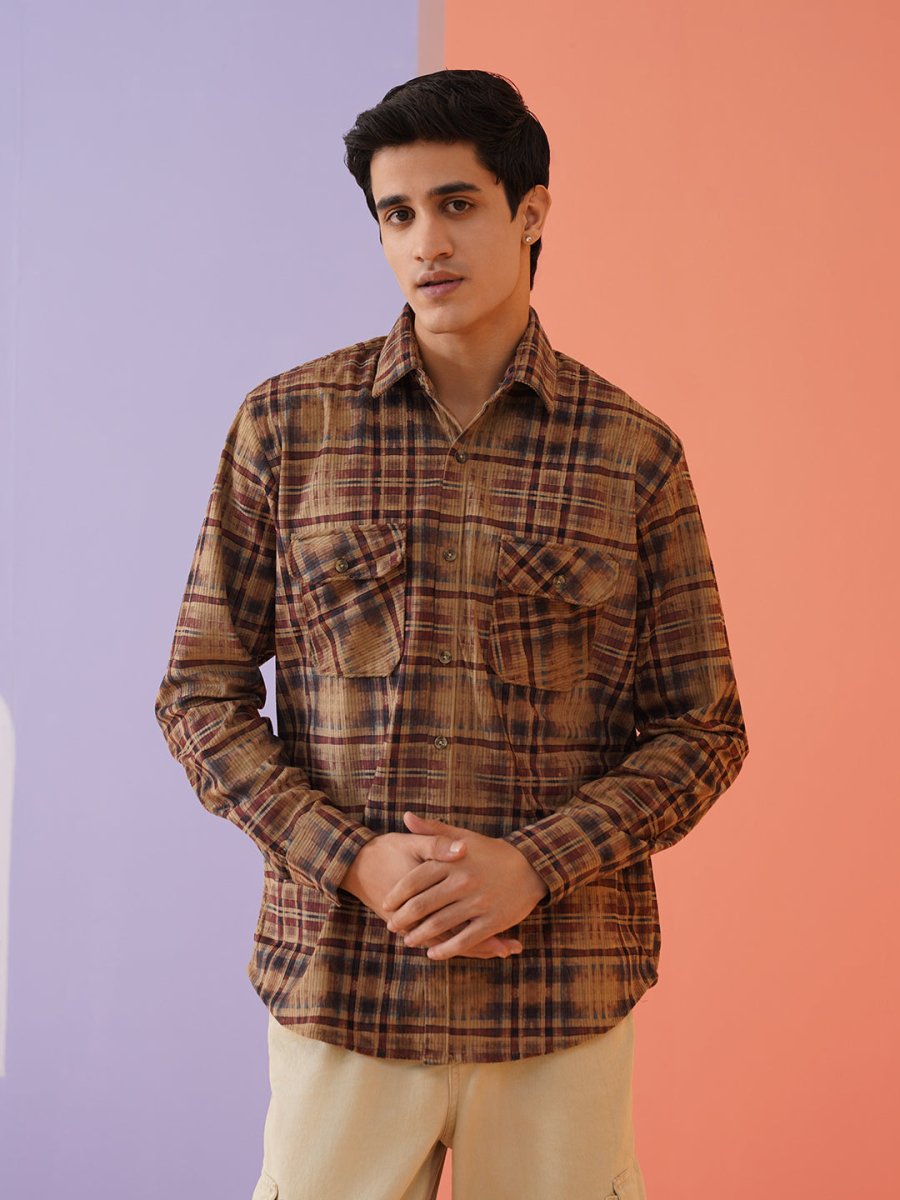 Men Checked Corduroy Cotton Shirt - SF_9013Brown_S