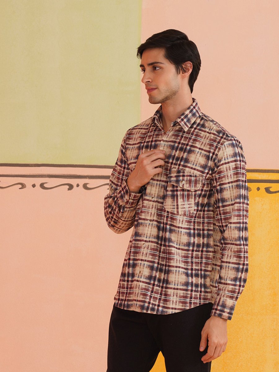 Men Checked Corduroy Cotton Shirt - SF_9013Beige_S