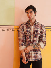 Men Checked Corduroy Cotton Shirt - SF_9013Beige_S