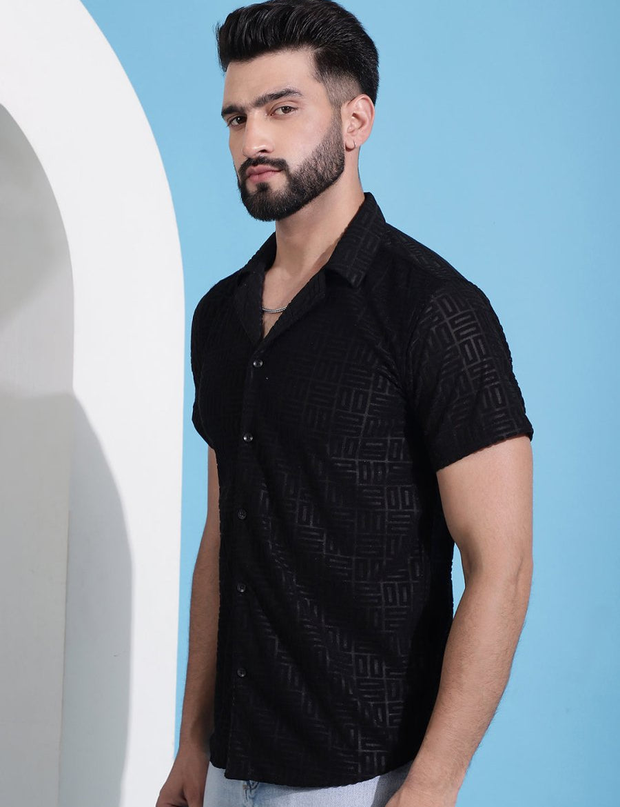 Men Embossed Design Cotton Shirt - SF_938Black_S