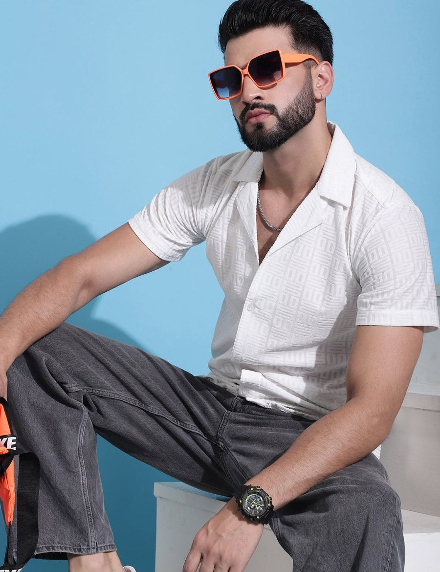 Men Embossed Design Cotton Shirt - SF_938White_S