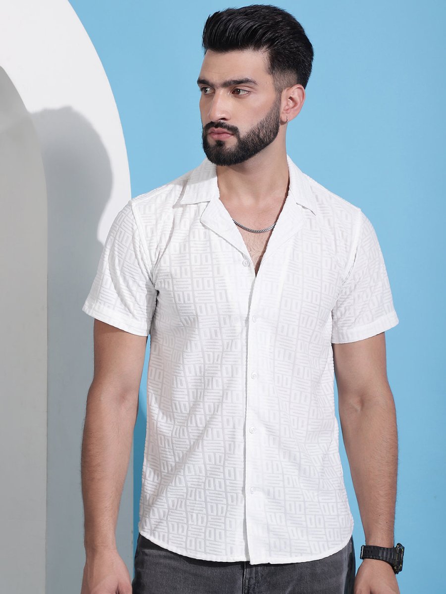 Men Embossed Design Cotton Shirt - SF_938White_S