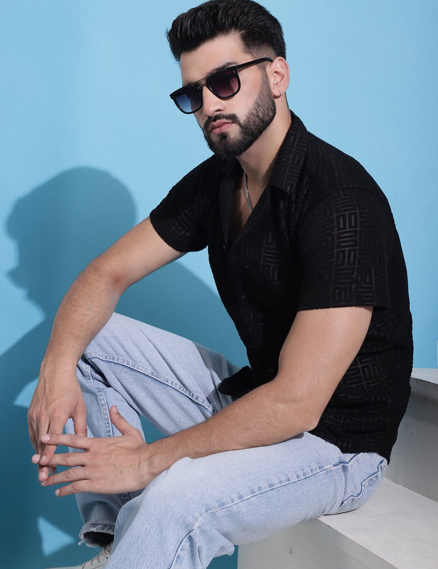 Men Embossed Design Cotton Shirt - SF_938Black_S
