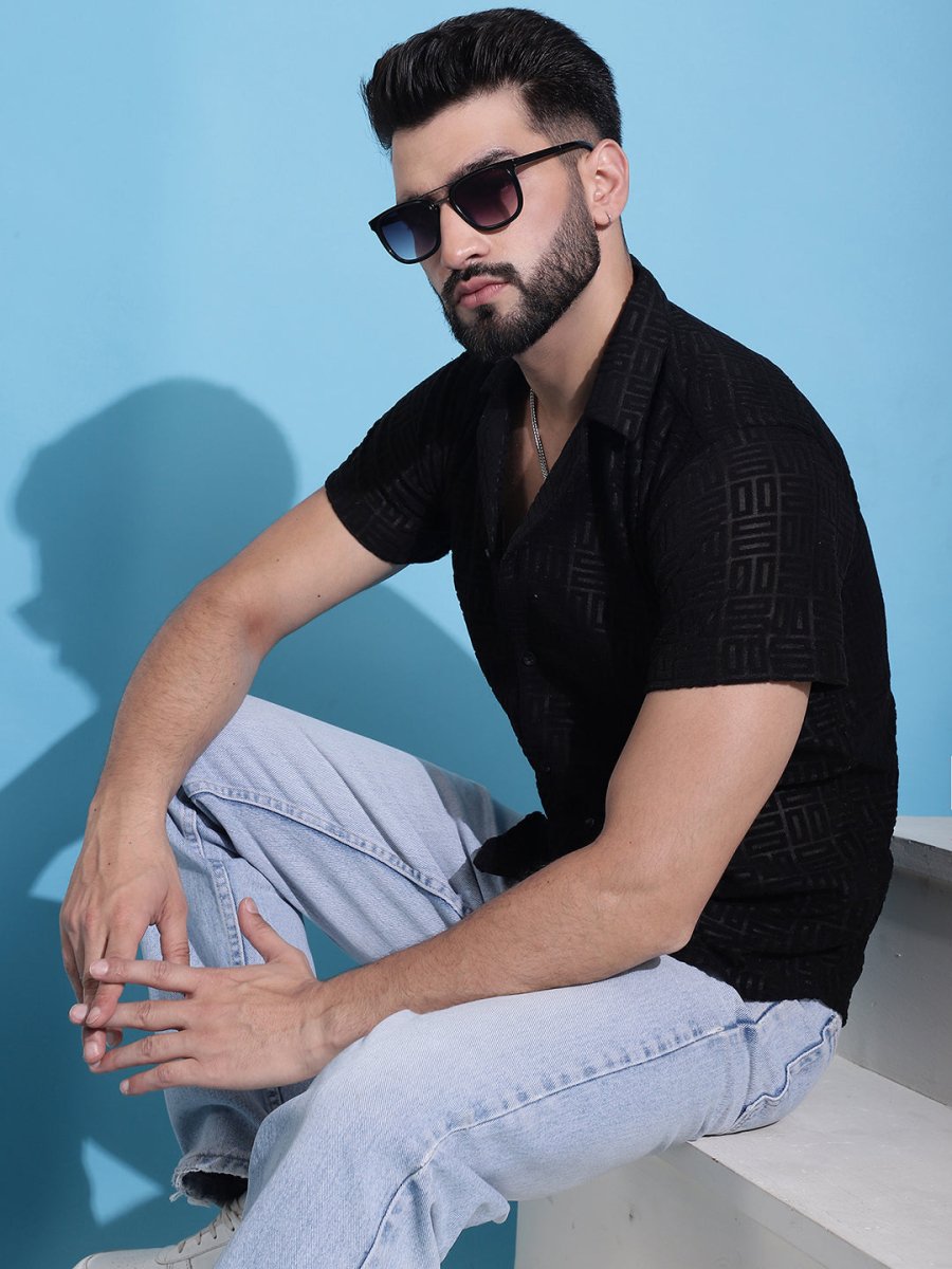Men Embossed Design Cotton Shirt - SF_938Black_S