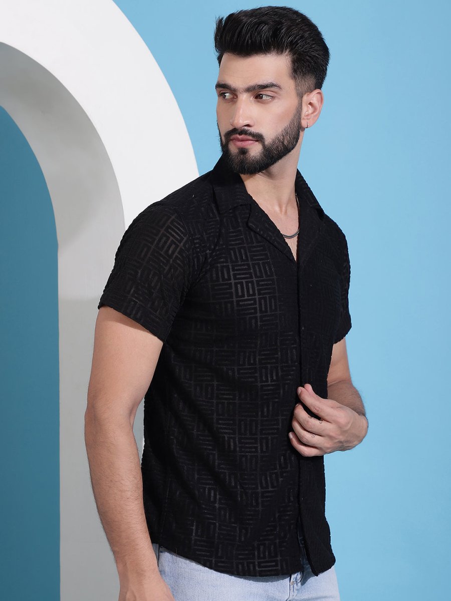 Men Embossed Design Cotton Shirt - SF_938Black_S