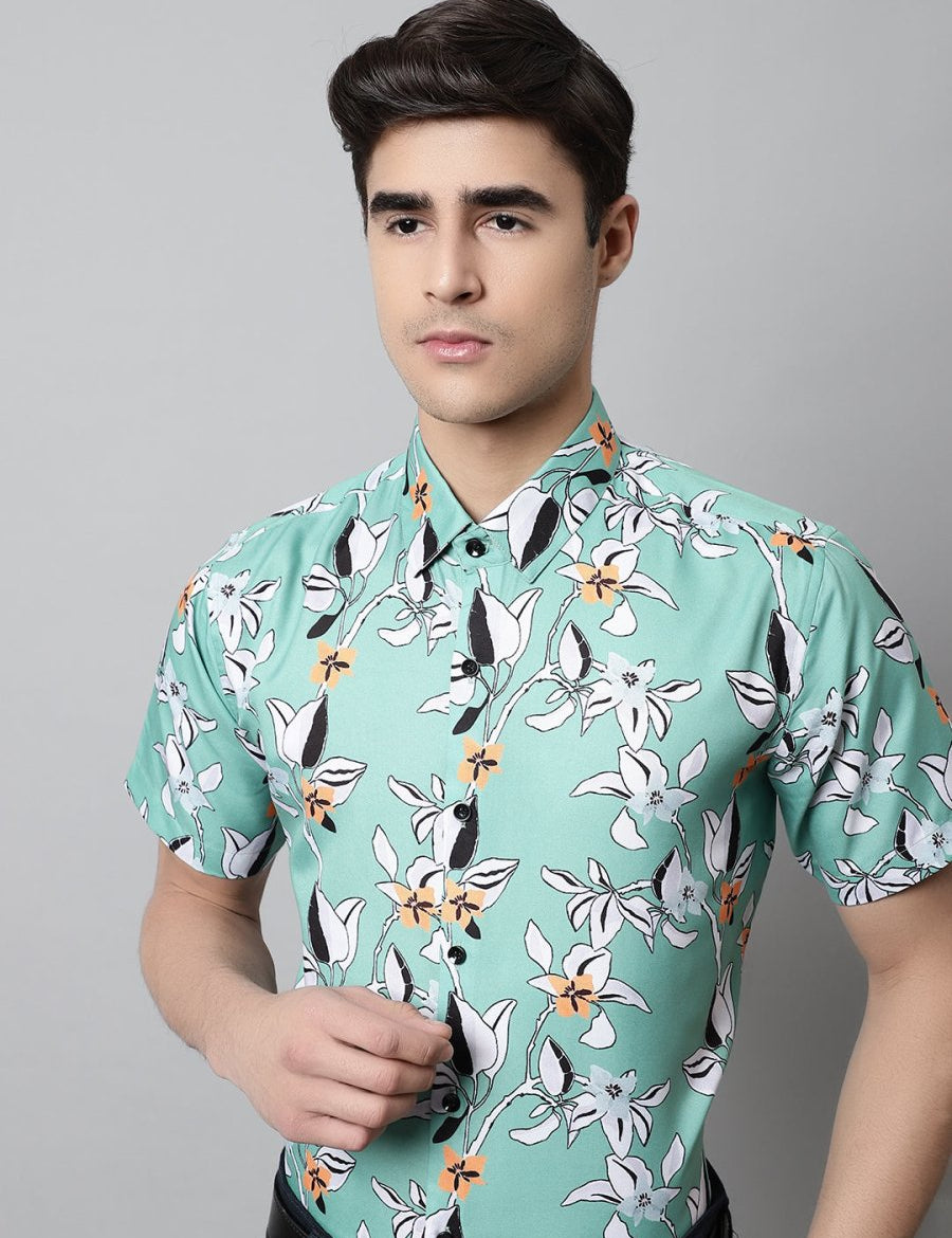 Men Green Classic Printed Formal Shirt - SF_846Green_S