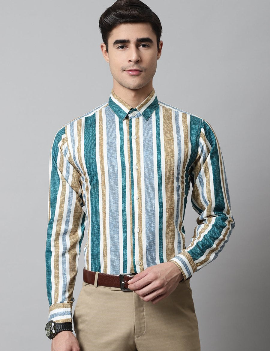 Men Green Classic Striped Formal Shirt - SF_832Green_S