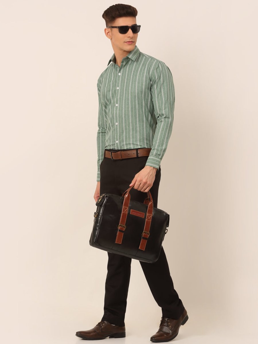 Men Green & White Classic Striped Formal Shirt - SF_825Green_S