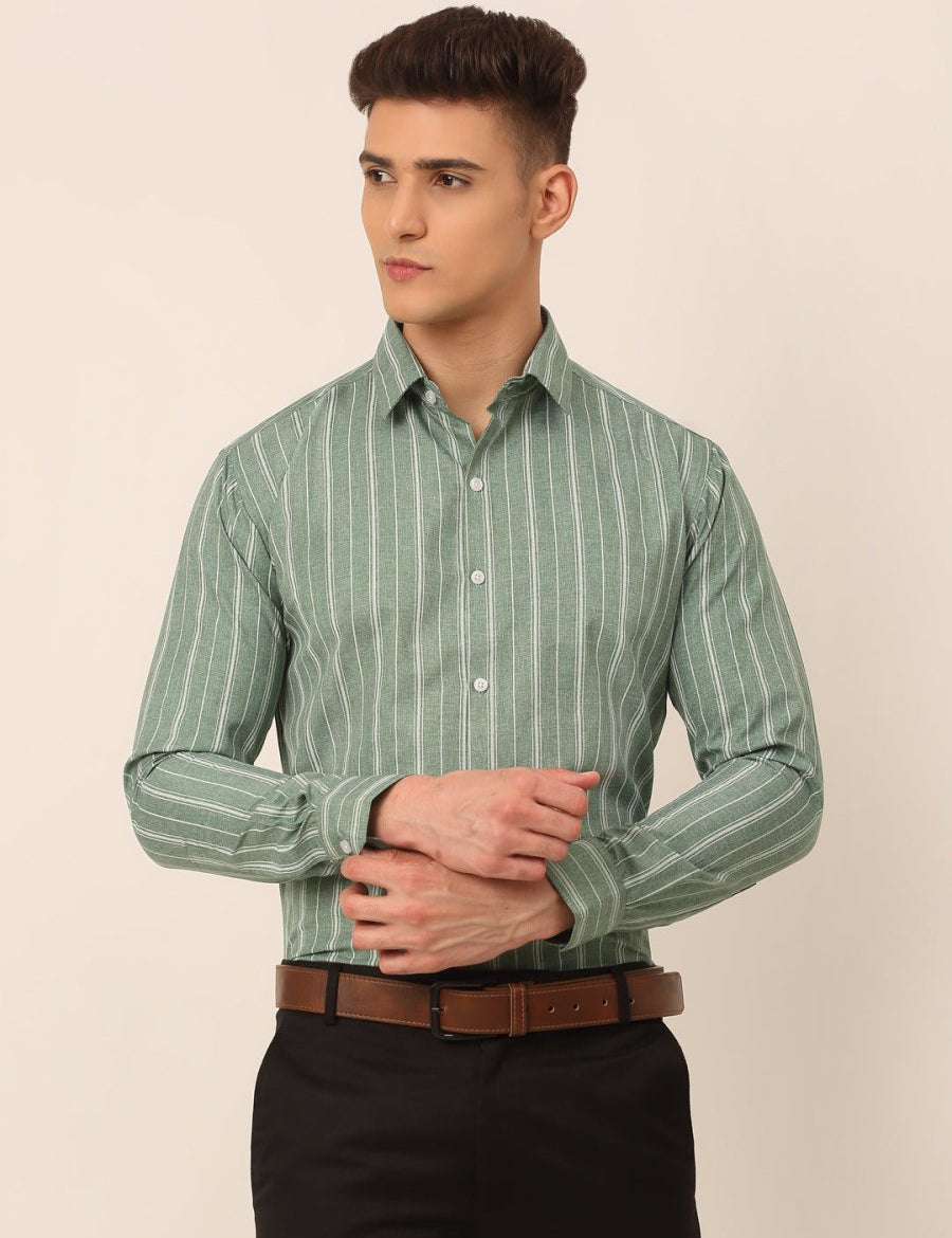 Men Green & White Classic Striped Formal Shirt - SF_825Green_S