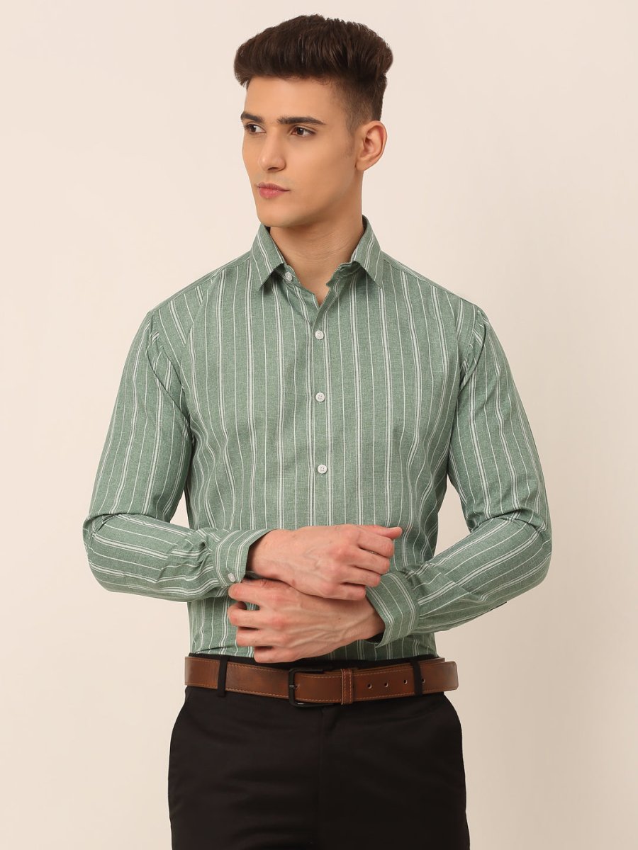 Men Green & White Classic Striped Formal Shirt - SF_825Green_S