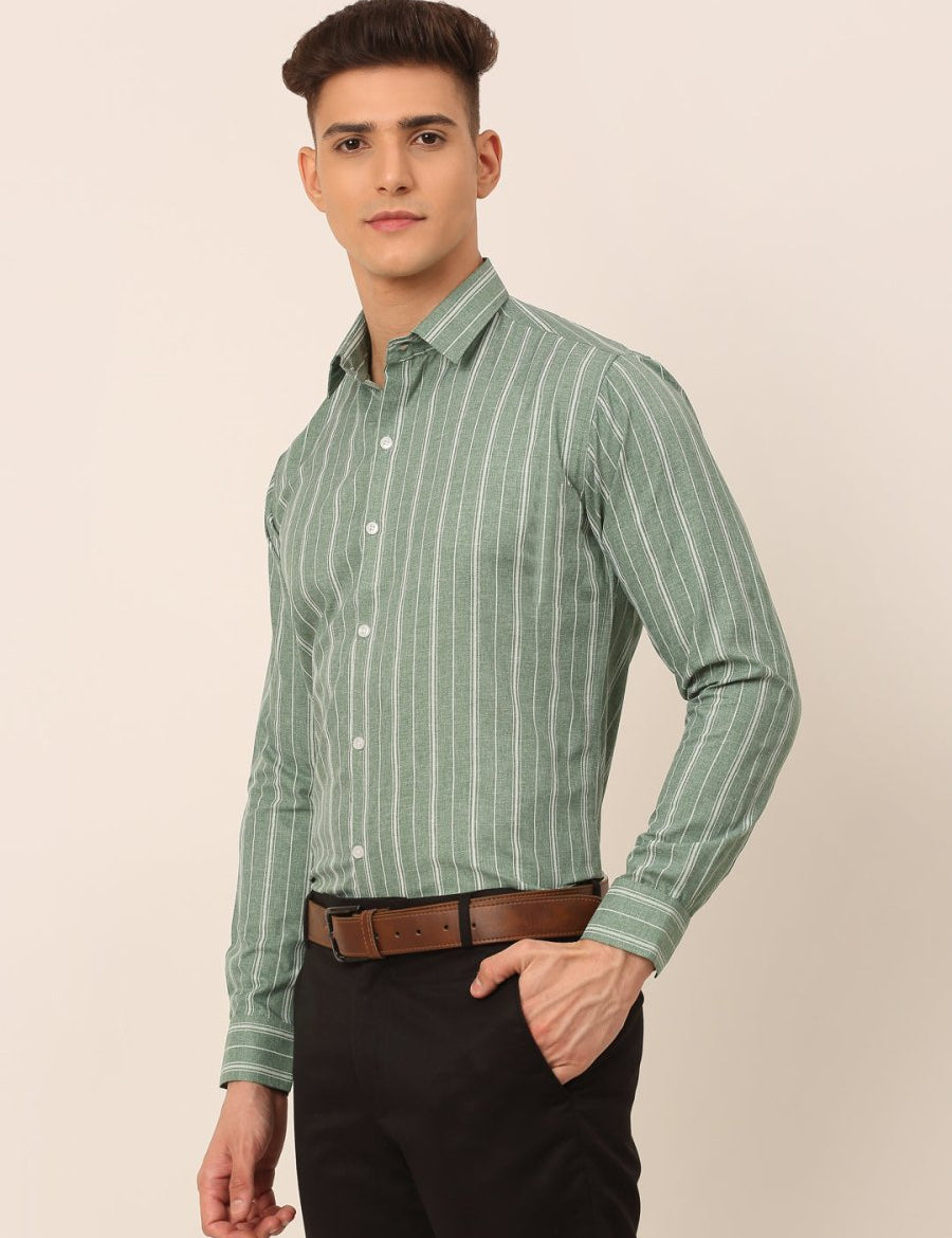 Men Green & White Classic Striped Formal Shirt - SF_825Green_S