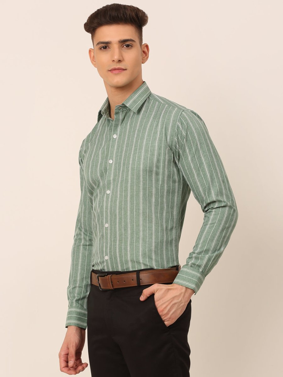 Men Green & White Classic Striped Formal Shirt - SF_825Green_S