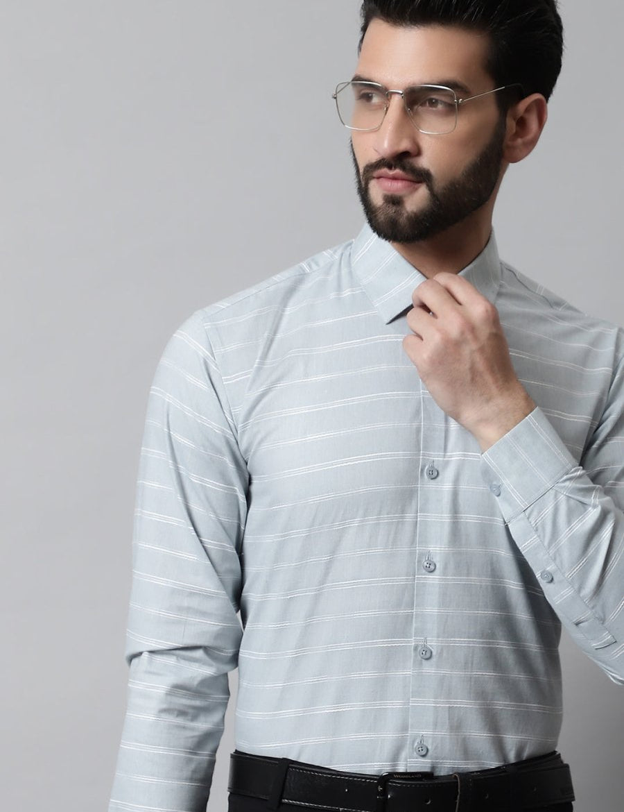 Men Grey Classic Striped Formal Cotton Shirt - SF_869Light-Grey_S
