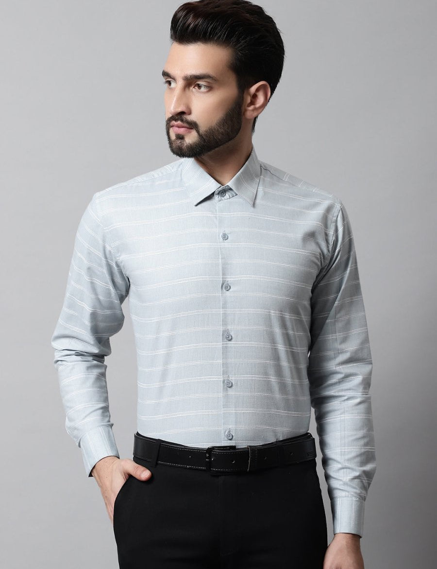 Men Grey Classic Striped Formal Cotton Shirt - SF_869Light-Grey_S