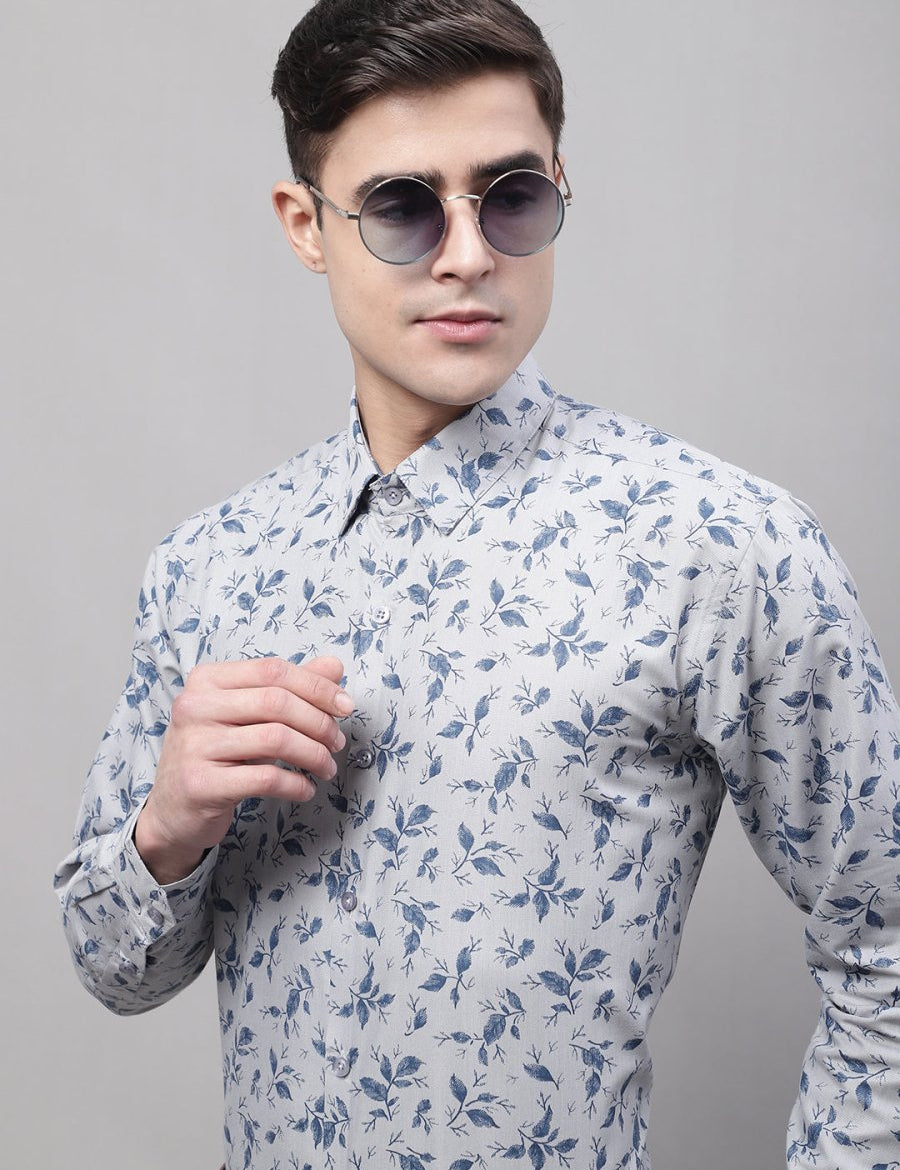 Men Grey Regular Fit Printed Pure Cotton Formal Shirt - SF_874Grey_S