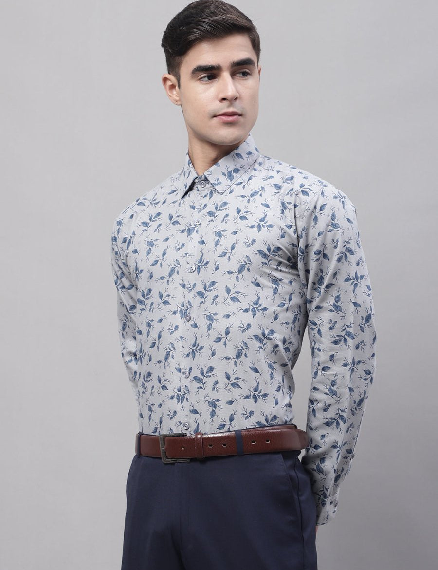 Men Grey Regular Fit Printed Pure Cotton Formal Shirt - SF_874Grey_S