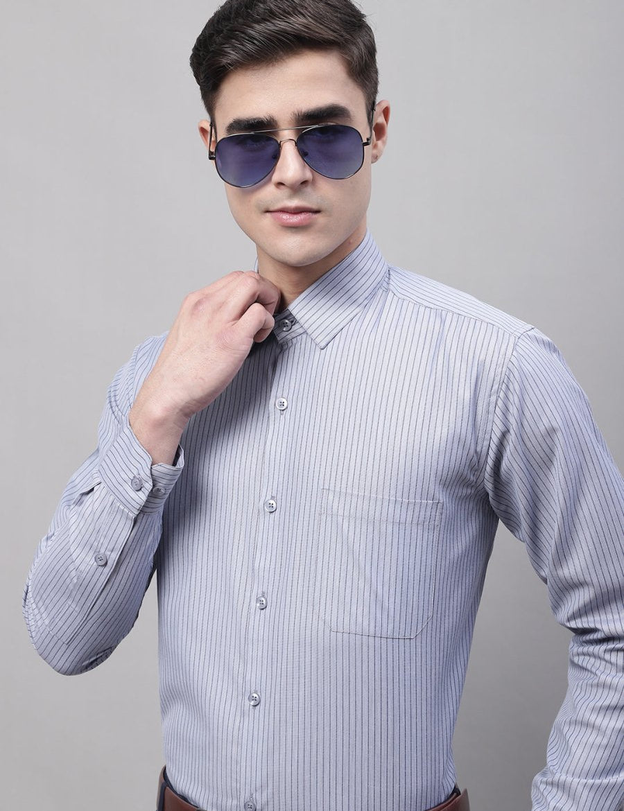 Men Grey Vertical Striped Formal Shirt - SF_872Grey_S